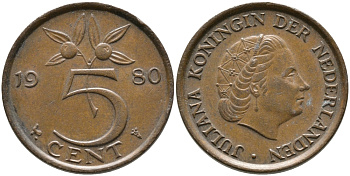 Нидерланды 5 центов 1980 Юлиана (1948-1980) KM 181 бронза 65-1241