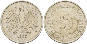 ФРГ 5 марок 1975 F, монетный двор Штутгарт КМ 140.1, J. 415 медно-никель плакированный никелем 215-812
