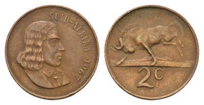 ЮАР 2 цента 1967 Ян ван Рибек (1619-1677), Suid Africa, легенда на африкаанс, антилопа гну KM 66.2 бронза 4122-157