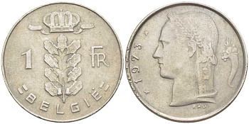 БЕЛЬГИЯ 1 ФРАНК 1973 BELGIE, БОДУЭН I (1951-1993) KM 143.1 медно-никель 213-345