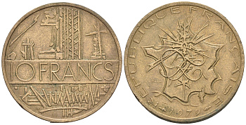 Франция 10 франков 1979 тип Матье KM 940, Le Franc 365.13-14 никель латунь 60-624