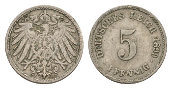 Германия 5 пфеннигов 1899 F, Вильгельм II (1888-1918) KM 11, J. 12 медно-никель 4639-1269