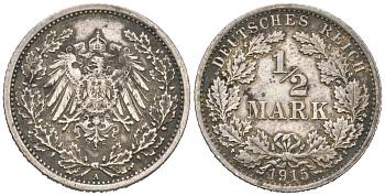 Германия 1/2 марки 1915 A, Вильгельм II (1888-1918) KM 17 серебро 100-636