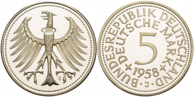 ФРГ 5 марок 1958 J, официальная копия редкой монеты (2006 года) серебро PROOF 06-255-42