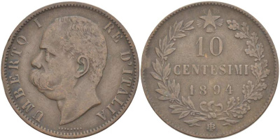 Италия 10 чентезимо 1894 B/I, Умберто I (1878-1900) KM 27.1 медь 4526-1014
