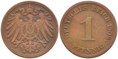 ГЕРМАНИЯ 1 ПФЕННИГ 1906 G KM 10, J. 10, Weege 2 медь 211-336