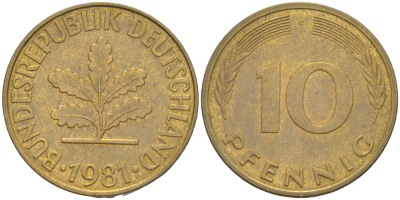 ФРГ 10 ПФЕННИГОВ 1981 F KM 108, J. 383 сталь плакированная латунью 4182-924