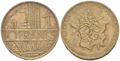 Франция 10 франков 1979 тип Матье KM 940, Le Franc 365.13-14 никель латунь 60-624