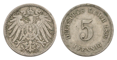 Германия 5 пфеннигов 1899 F, Вильгельм II (1888-1918) KM 11, J. 12 медно-никель 4639-1269