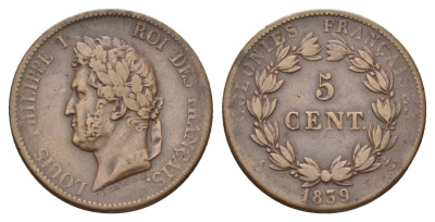 Французская Вест-Индия 5 сантимов 1839 Французские колонии, A, Луи-Филипп I (1830-1848) KM 12 бронза 413-6223