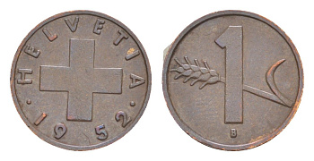 Швейцария 1 раппен 1952 B KM 46 бронза 4611-567