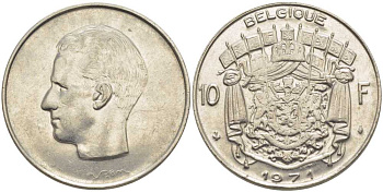 Бельгия 10 франков 1971 Belgique, Бодуэн I (1951-1993) KM 155.1 никель 115-714