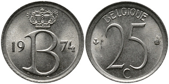Бельгия 25 сантимов 1974 Belgique, Бодуэн I (1951-1993) KM 153.1 медно-никель 99-425