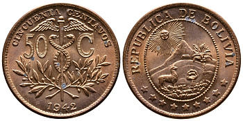 Боливия 50 сентаво 1942 кадуцей, лама, горы, солнце KM 182а.1 бронза aUNC 58-1022