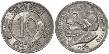 Германия, Бонн 10 пфеннигов 1920 Бетховен, Северный Рейн-Вестфалия, нотгельд Funck 51.1A железо 3856-1027