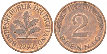 ФРГ 2 ПФЕННИГА 1992 J KM 106a, J.381a сталь плакированная сталь плакированная медьюю 4532-568