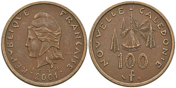 Французская Новая Каледония 100 франков 2001 хижина среди сосен и пальм, (IEOM) KM 15, Schoen 16, Lec 139e никель латунь 4144-715