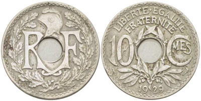 ФРАНЦИЯ 10 САНТИМОВ 1929 ТИП ЛИНДАЙЁ KM 866а, LE FRANC 138.16 медно-никель 210-1133