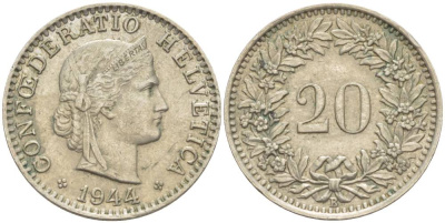 ШВЕЙЦАРИЯ 20 РАППЕНОВ 1944 В KM 29а медно-никель 4511-912