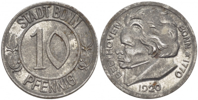 Германия, Бонн 10 пфеннигов 1920 Бетховен, Северный Рейн-Вестфалия, нотгельд Funck 51.1A железо 3856-1027