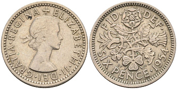 Великобритания 6 пенсов 1954 Елизавета II (1952-2022) KM 903, Spink 4149 медно-никель 4115-727