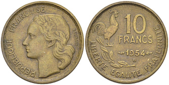 Франция 10 франков 1954 В, петух KM 915.2, Le Frank 363.11 алюминиевая бронза 212-1246