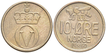 Норвегия 10 эре 1960 пчела, Улаф V (1958-1991) KM 411 медно-никель aUNC 187-756