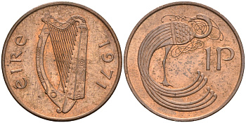 Ирландия 1 пенни 1971 мифологическая птица лира KM 20 бронза UNC 4582-126