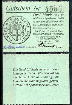 Германия, Брюль 3 марки 1914 нотгельд, 1914/1915, надпечатка aber kurs Diessner 52.8.b бумага UNC (пресс) 8614-43-4-2