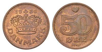 Дания 50 эре 1989 Маргрете II (1972-2024) KM 866 бронза 3336-655