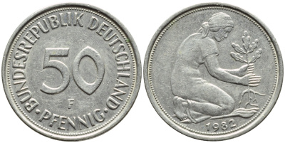 ФРГ 50 ПФЕННИГОВ 1982 F КМ 109.2 J.384a медно-никель 4392-1053
