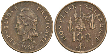 Французская Новая Каледония 100 франков 1984 хижина среди сосен и пальм, (IEOM) KM 15, Schoen 16, Lec 134 никель латунь 4137-813