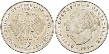 ФРГ 2 МАРКИ 1982 G, ТЕОДОР ХОЙС KM 127, J. 407 медно-никель плакированный никелем 3718-1041