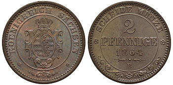 Саксония 2 пфеннига 1864 В, Иоганн (1854-1873) KM 1217, Jaeger 121, AKS 155 медь UNC 44-1222