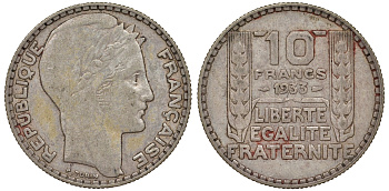 Франция 10 франков 1933 Пьер Тюрен KM 878, Le Franc 360.6 серебро 62-723