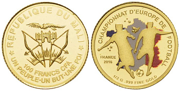 Мали 100 франков 2016 Чемпионат Европы по футболу во Франции, эмаль KM NEW золото PROOF 00-820-14