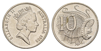Австралия 10 центов 1988 Елизавета II (1952-2022), птица лирахвост KM 81 медно-никель UNC 4657-153