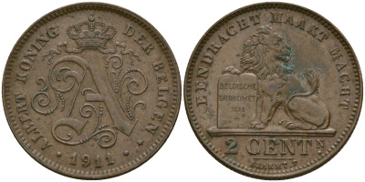 Бельгия 2 сантима 1911 Belgen KM 65 медь 4135-953