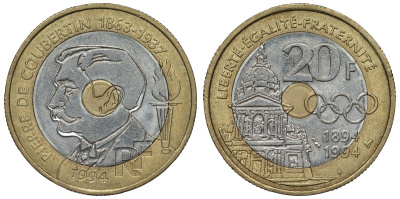 Франция 20 франков 1994 100 лет международному Олимпийскому комитету, Пьер Кубертен KM 1036, Le Franc 405.2 триметалл 4123-724