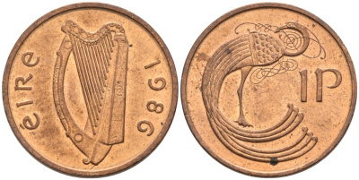 Ирландия 1 пенни 1986 птичка KM 20 бронза UNC 92-155