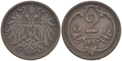 АВСТРИЯ 2 ГЕЛЛЕРА 1897 ФРАНЦ ИОСИФ (1846-1918) KM 2801 бронза 201-949