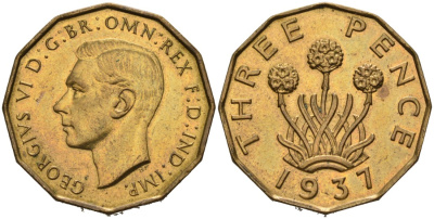 Великобритания 3 пенса 1937 Георг VI (1937-1952) KM 849, Spink 4112 никель латунь 4561-947