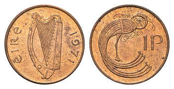 Ирландия 1 пенни 1971 мифологическая птица лира KM 20 бронза UNC 4690-346