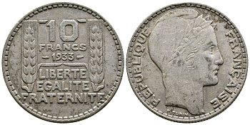Франция 10 франков 1933 Пьер Тюрен KM 878, Le Franc 360.6 серебро 63-645