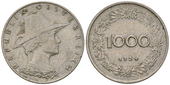 Австрия 1000 крон 1924 KM 2834 медно-никель 4615-548