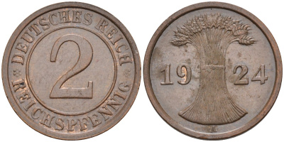 Германия 2 рейхспфеннига 1924 A KM 38, J.314, Weege 4 медь 4584-627