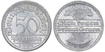 Германия 50 пфеннигов 1921 A KM 27, J. 301 алюминий 4114-453