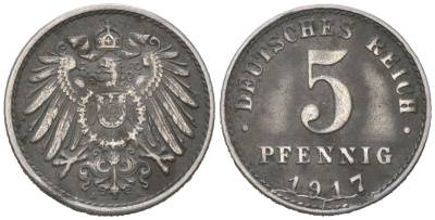 Германия 5 пфенингов 1917 A, Вильгельм II (1888-1918) KM 19 железо плакированная никелем 4532-366