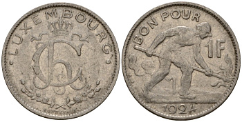Люксембург 1 франк 1924 сталевар, Шарлотта (1918-1964) KM 35 никель 4603-1046