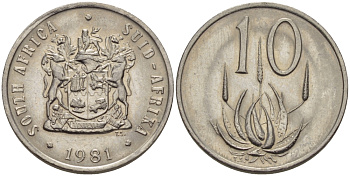 ЮАР 10 ЦЕНТОВ 1981 ГЕРБ, ЦВЕТОК АЛОЭ KM 85 никель 67-423